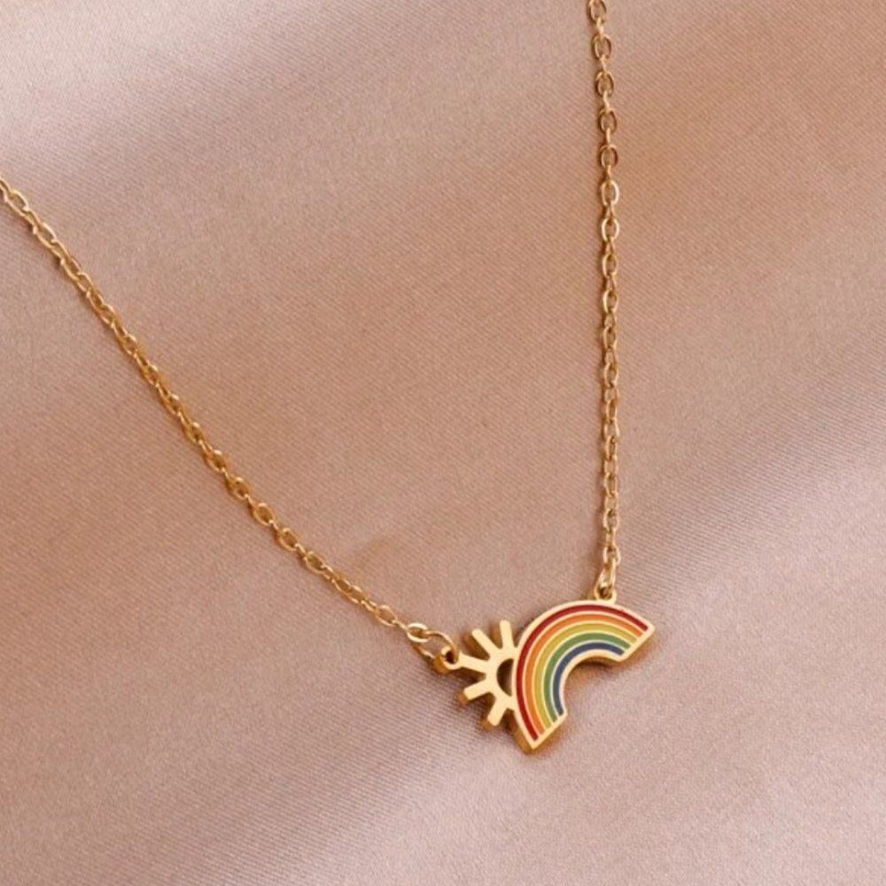 Rainbow Sunshine Pendant Chain Necklace in Gold
